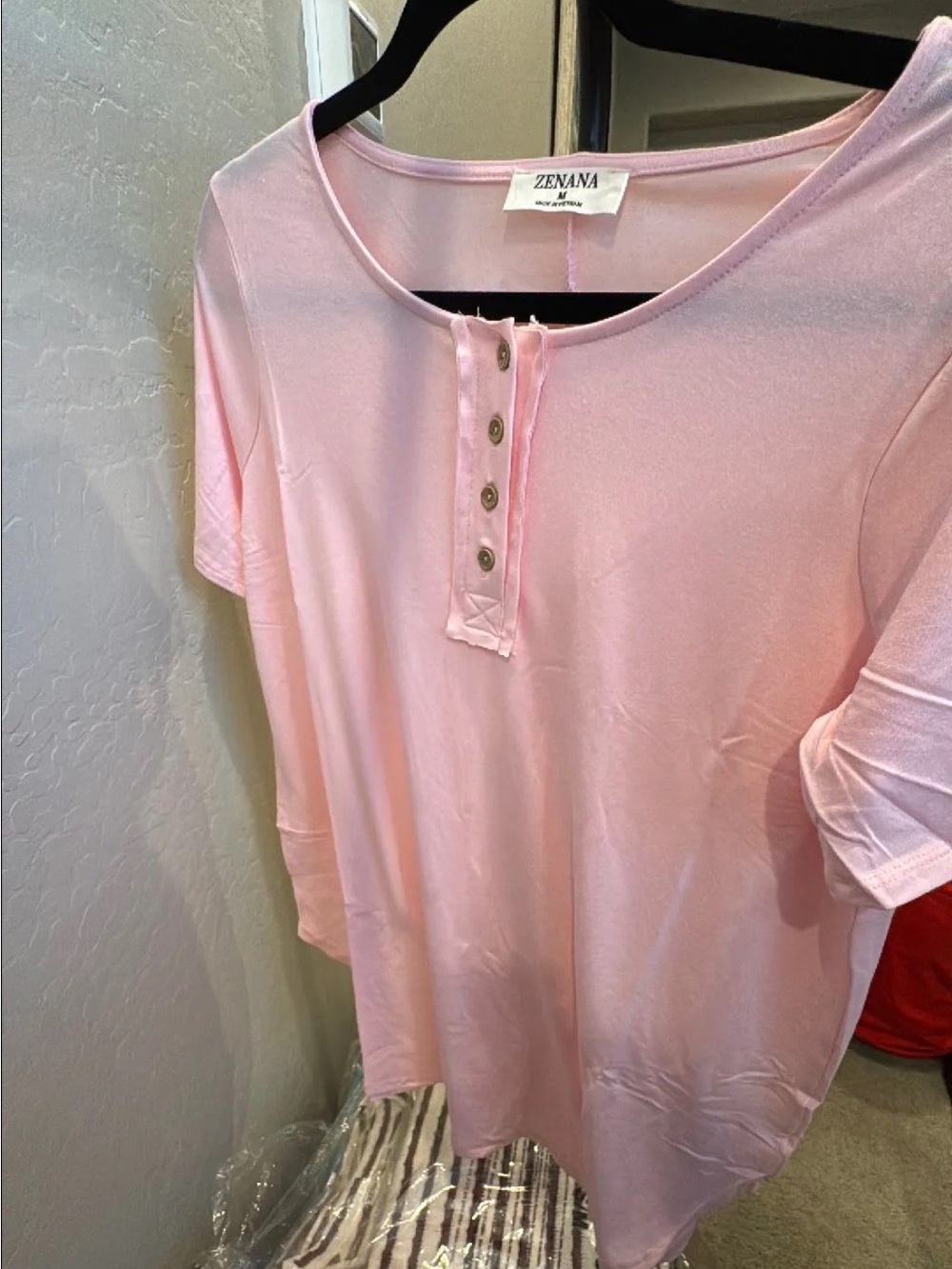 Zenana Outfitters Pale Pink Short Sleeve Henley Top